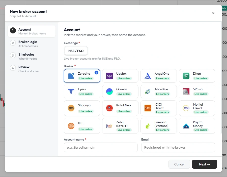 New broker account wizard: pick the exchange and broker, add login details, then link strategies