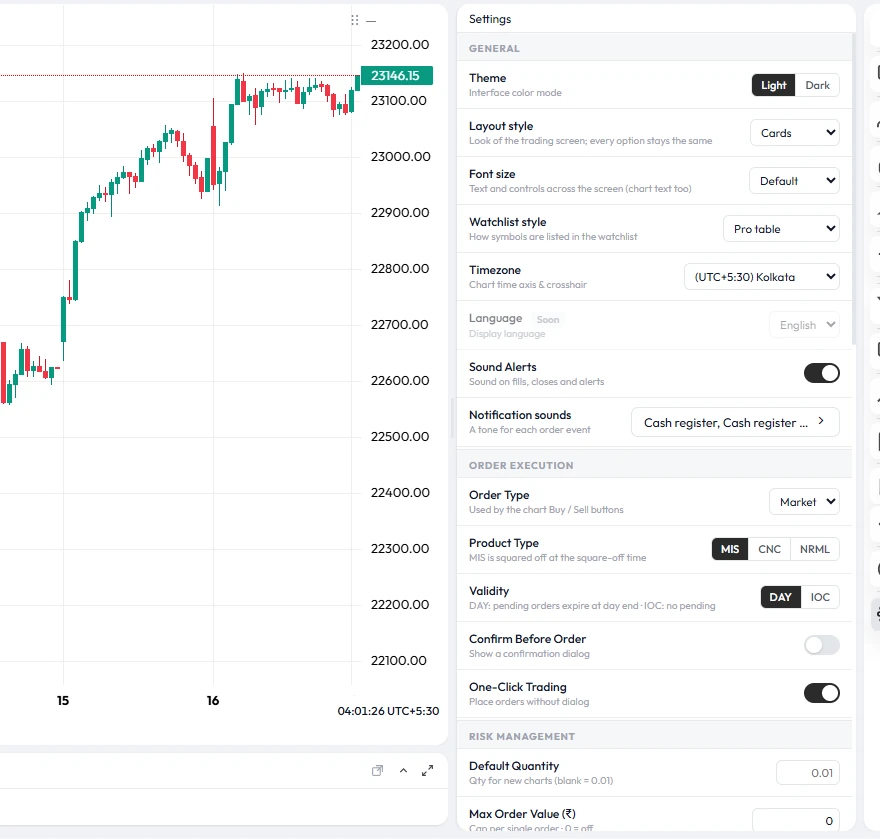 Settings panel with risk limits: order confirmation, default quantity, daily loss limit and order type